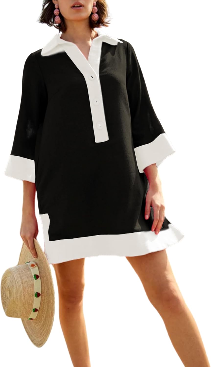 Omoone Swimsuit Coverup for Women Color Block Summer Beach Dresses V Neck Mini Linen Dress Shirts with Pockets