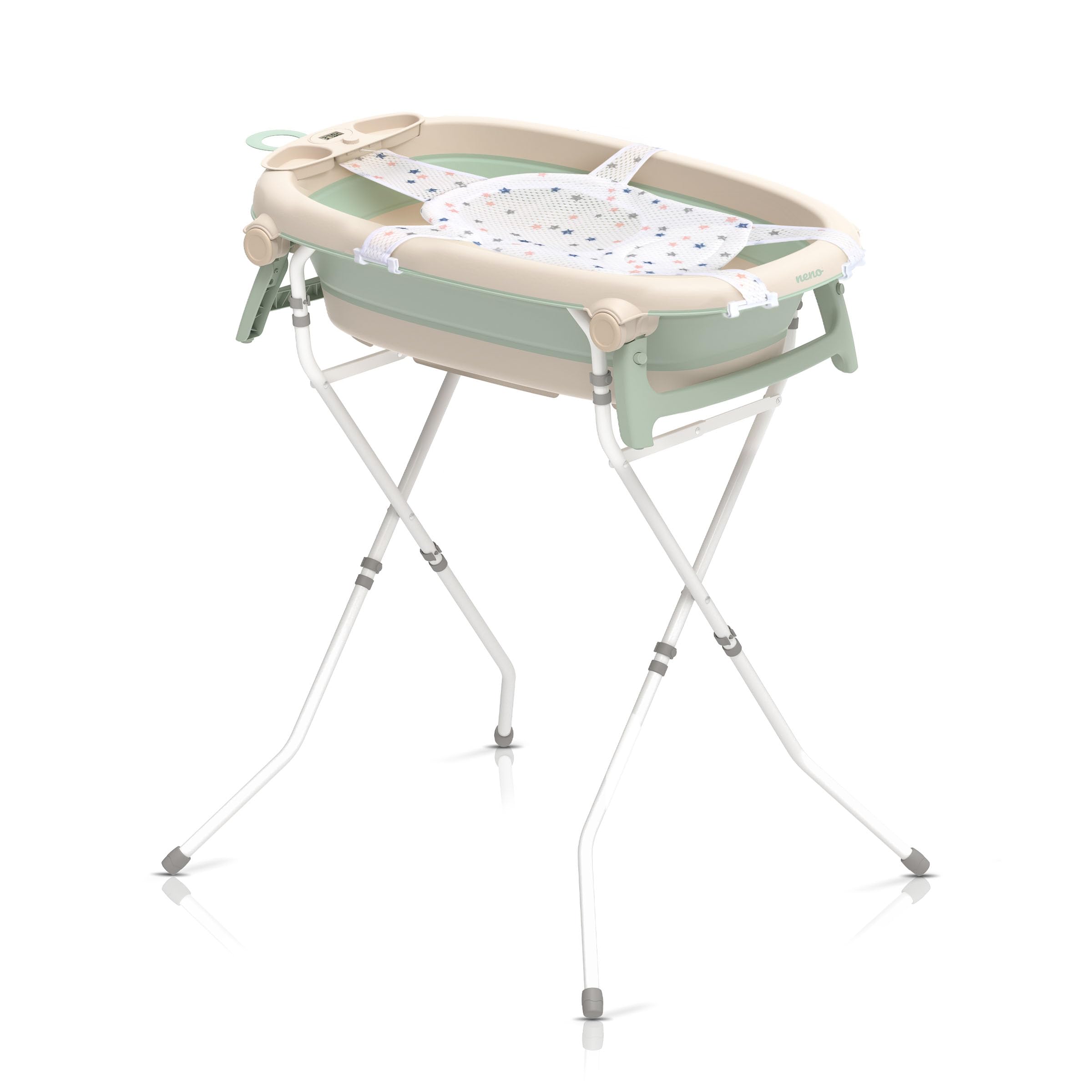 Neno Lucy Stand Baby Badewanne mit Gestell und Thermometer - Faltbare Babywanne - Babybadewanne mit Ständer - Kinderbadewanne ab Geburt zum 30kg – Ablaufschlauch, Rutschfester Innenmatte - 89x52 cm