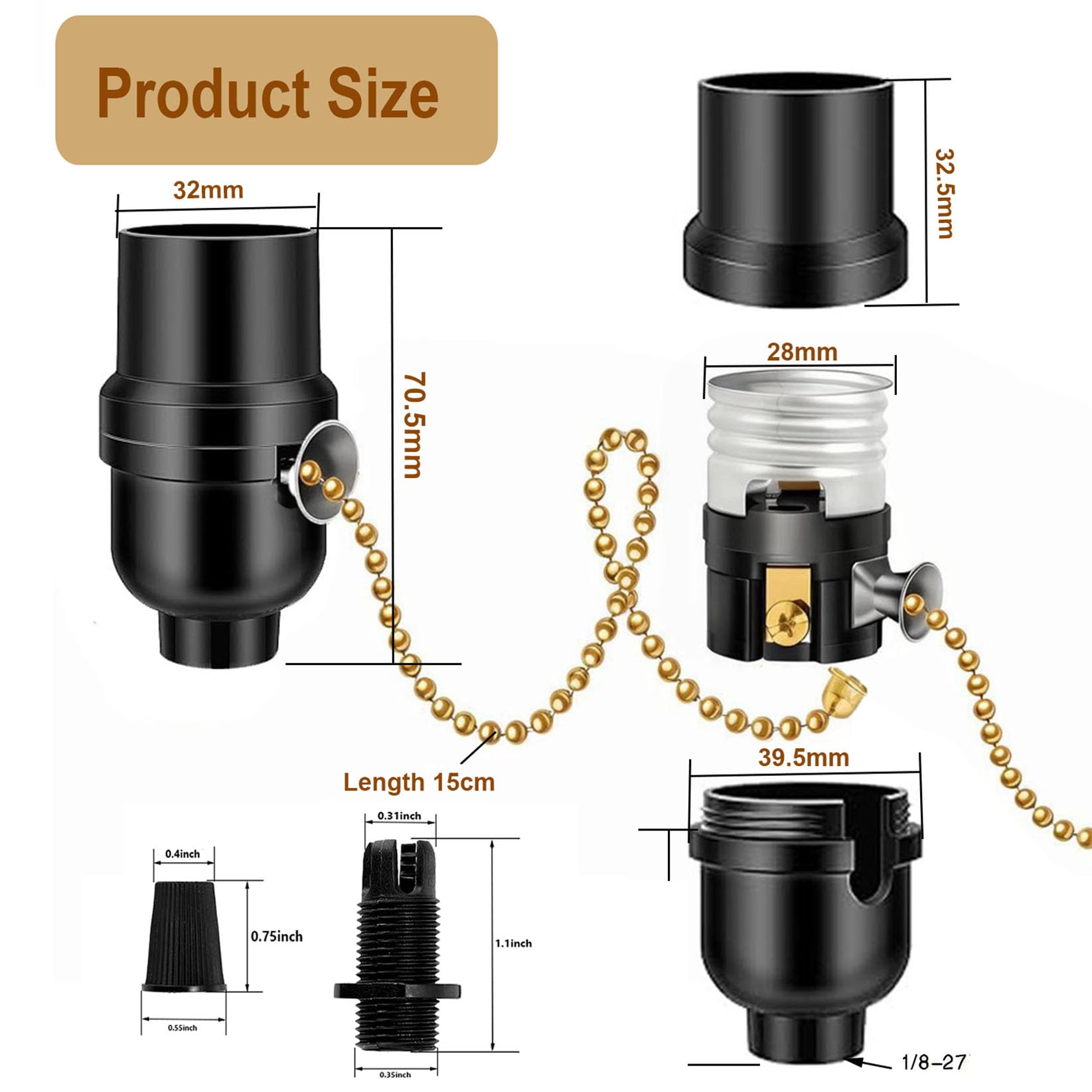 ATRON Black Medium Base Pull Chain Phenolic Light Socket With Threaded Ring