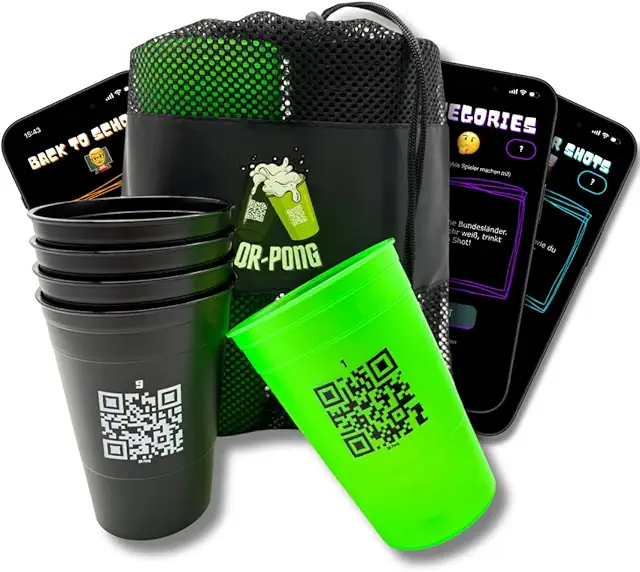 QR-Pong Interaktives Beer Pong Set mit 20 Bechern, Bällen & App