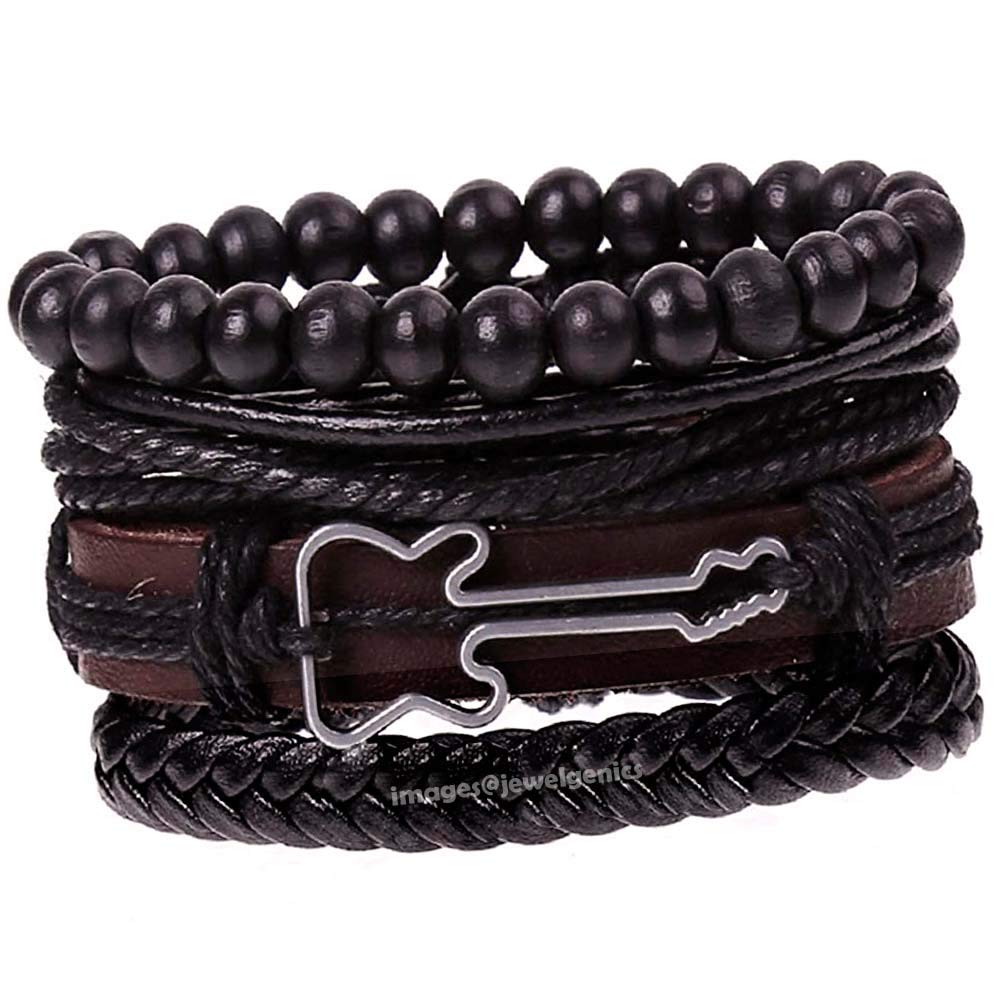 Jewelgenics 4pcs Per Set Multistrand Genuine Leather with Guitar Charm Leather Bracelet for Men Boys Music Lover (B08QJBSPG5) Amazon Price History, Amazon Price Tracker