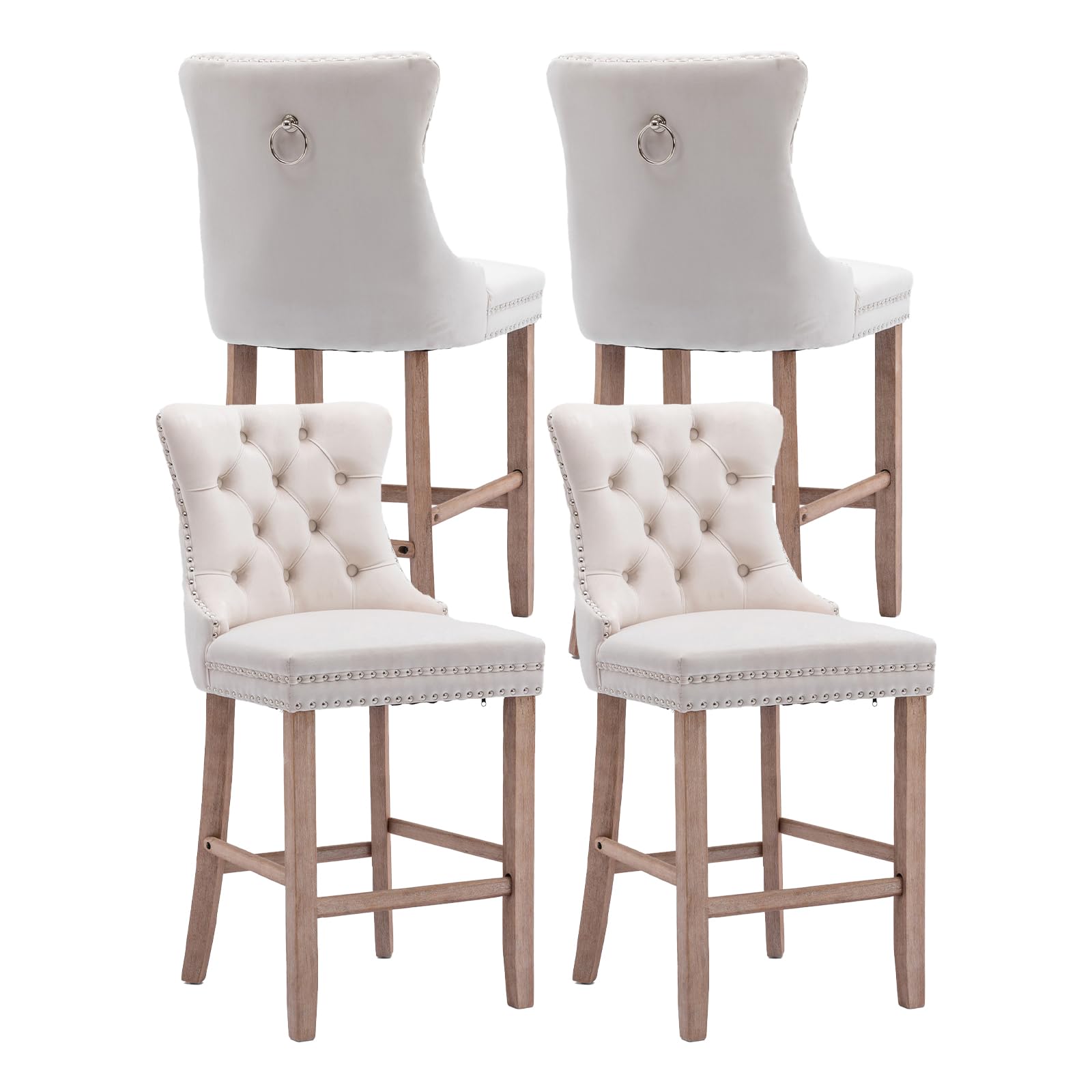 MZDOO Velvet Bar Stools Set of 4, 26" Seat Height Counter Height Barstools with Button Tufted Back, Silver Pull Ring and Solid Wood Legs, Upholstered