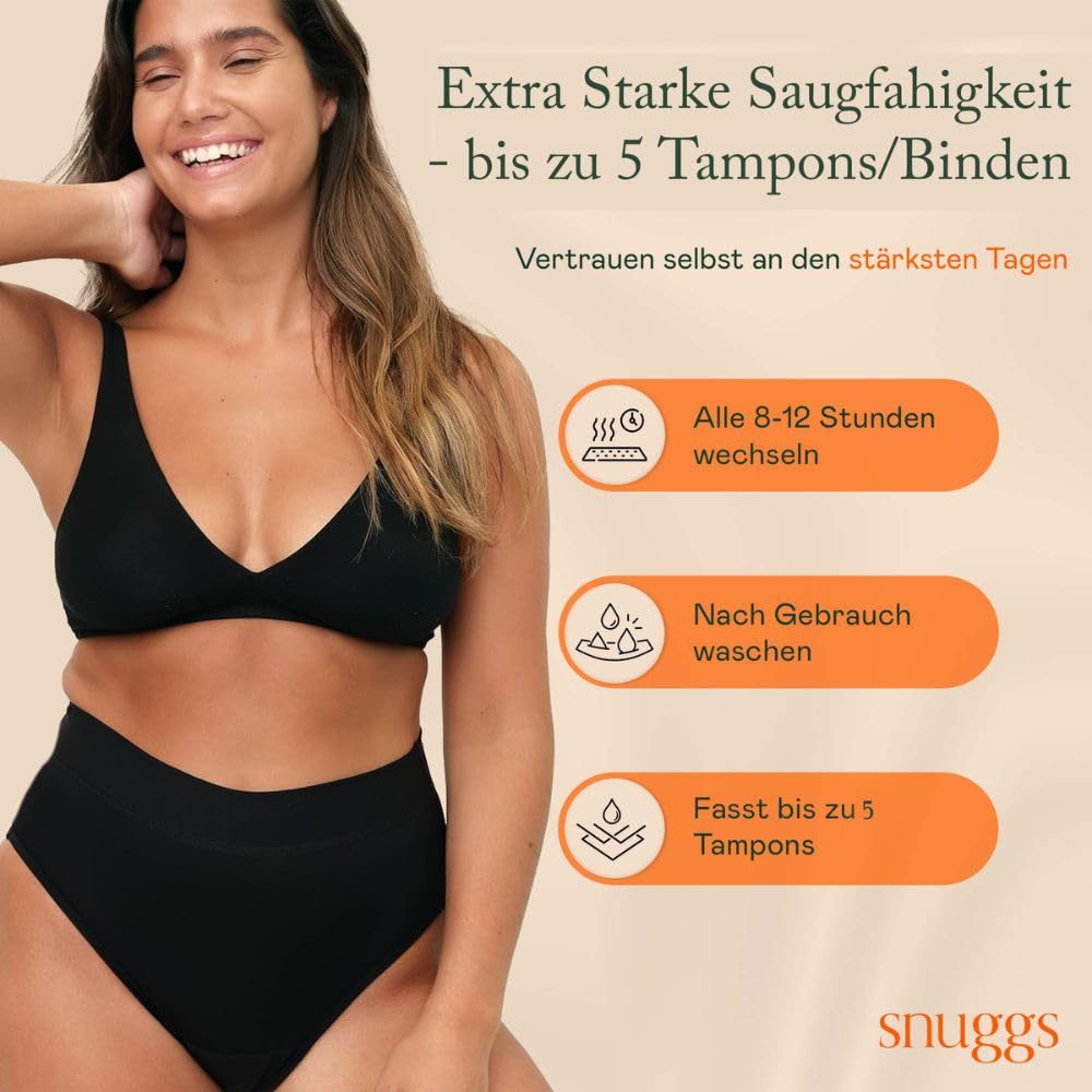 snuggs® Period Underwear Periodenunterwäsche Hugger – Periodenslip für extra Starke Blutung, Dünne und saugstarke Menstruationsunterwäsche, Made in EU, Recyceltes Nylon, Nachhaltige Alternative