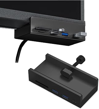 USB C Hub Clamp Aluminum 2-Port USB 3.0, USB C Data Port, SD/TF Card Reader for 0.39-1.18 Thickness Desktop PC, Desks,Monitor Stand Desktop Powered USB Hub and Cell Phone Holder Black