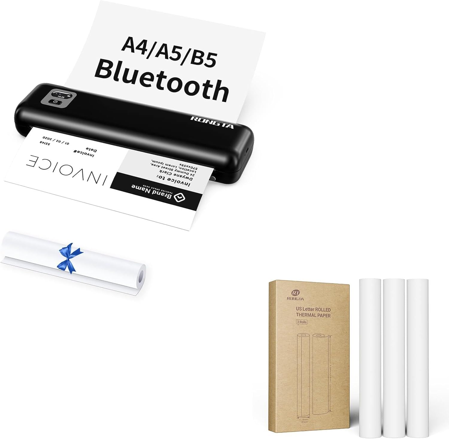 Rongta Portable Printers Wireless for Travel,Thermal Inkless Printer for School/Office/Home Use(Black)+3Roll 8.5"x11" US Letter Thermal Paper