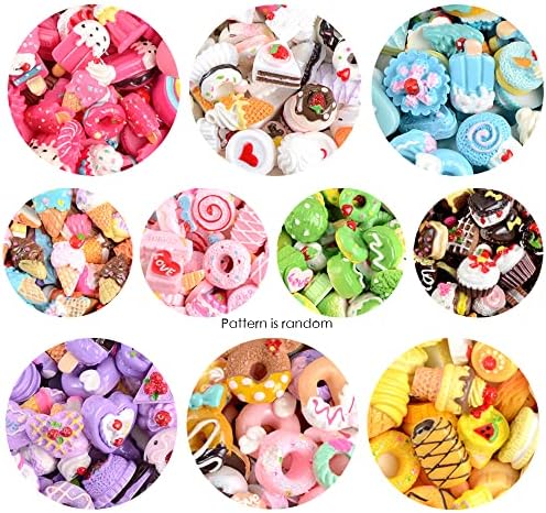 BOSOIRSOU 100 pcs Assorted Slime Charms, Cute Candy Sweet Fruits Donut Charms Ornaments Flatback Resin Cabochons for Craft Making Ornament Scrapbooking DIY Crafts Beads Making Supplies