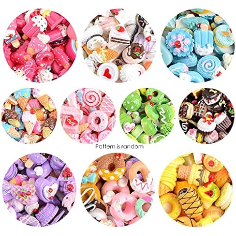 BOSOIRSOU 100 pcs Assorted Slime Charms, Cute Candy Sweet Fruits Donut Charms Ornaments Flatback Resin Cabochons for Craft Making Ornament Scrapbooking DIY Crafts Beads Making Supplies Cover