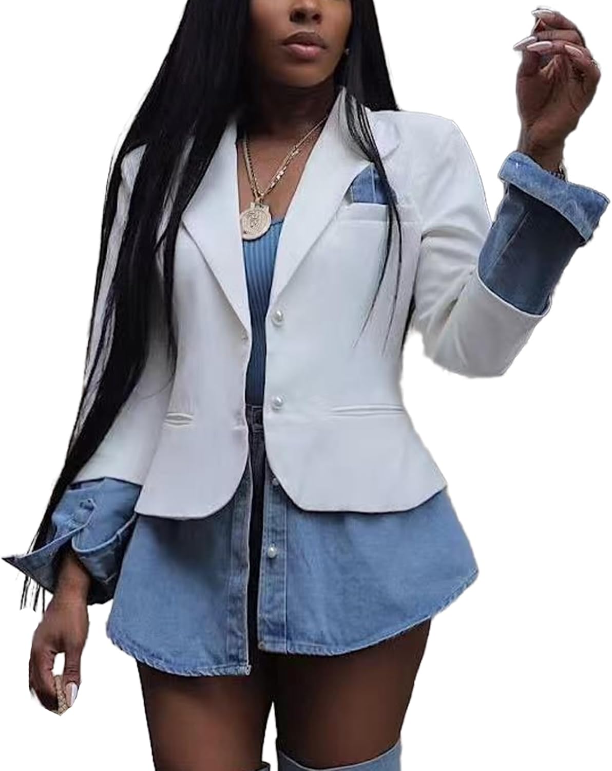 Tbahhir Women's Blazer Jacket Denim Patchwork Long Sleeve Lapel Button Down Casual Office Jean Trendy Coat