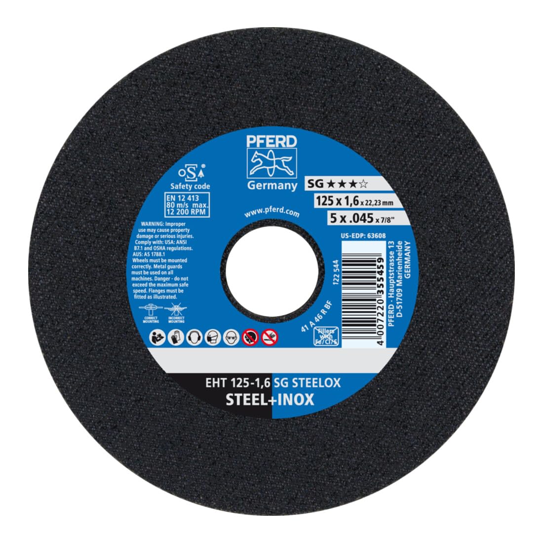 Pferd 61326406 A46QSG-I Cut-off Wheel, 0 V, Multi-Colour, 178 x 1.6 mm 125 x 1.6 mm 61341122