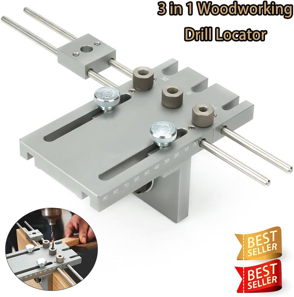 TopHomer 1Pack 3 in 1 Adjustable Woodworking Drilling Locator Puncher Tools Pocket Hole Wooden Doweling Jigs Set with 6/8/10 mm Drill Bushings and Drill