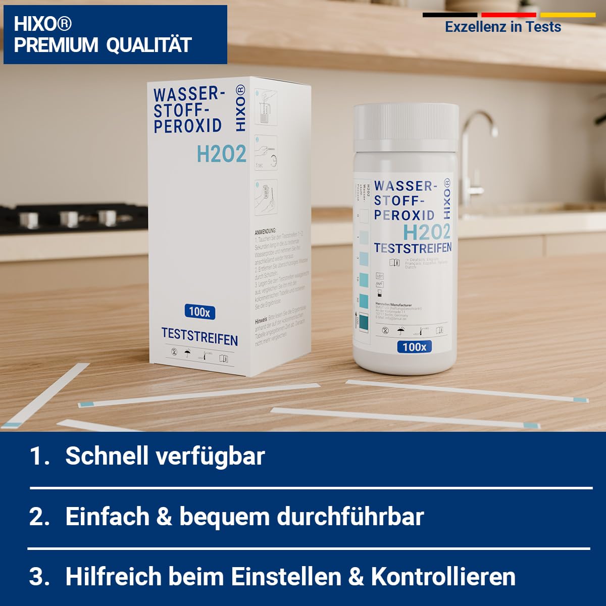 H2O2 - Tira de prueba de peróxido de hidrógeno para 0 a 100 ppm - Medición de concentración - Uso rápido y fácil - Con escala de color
