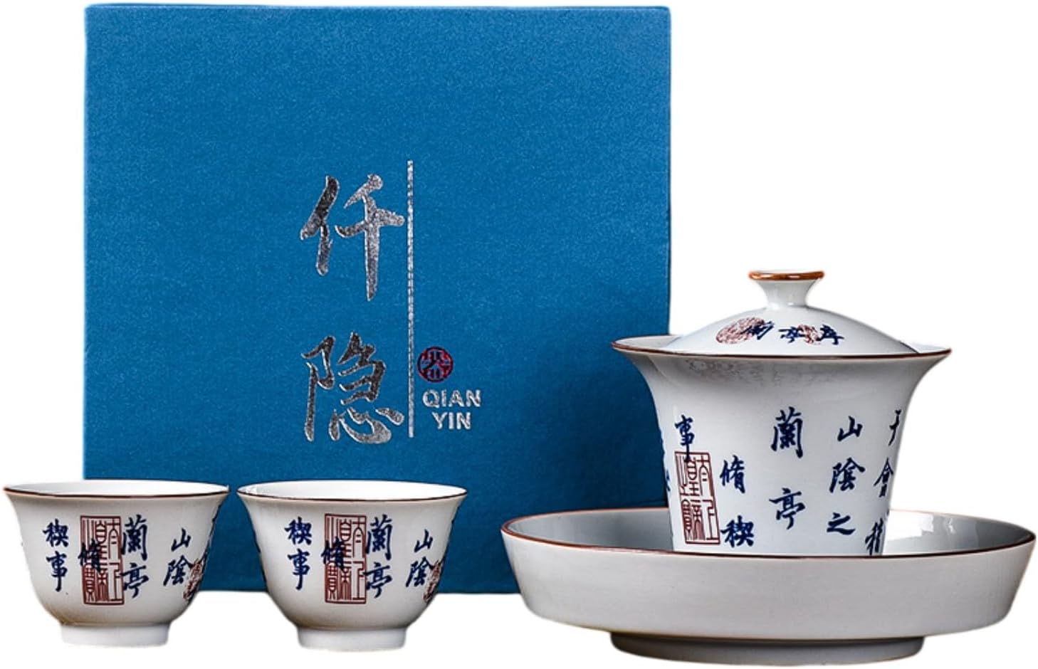 创意诗文兰亭序功夫茶具小套家用陶瓷泡 Ceramic Kung Fu Tea Set,teapot,Teacups,warming Wedding Birthday Gift,Tea Tray Chinese,Dishwasher Safe 兰亭序一壶二杯【悦客盖碗】