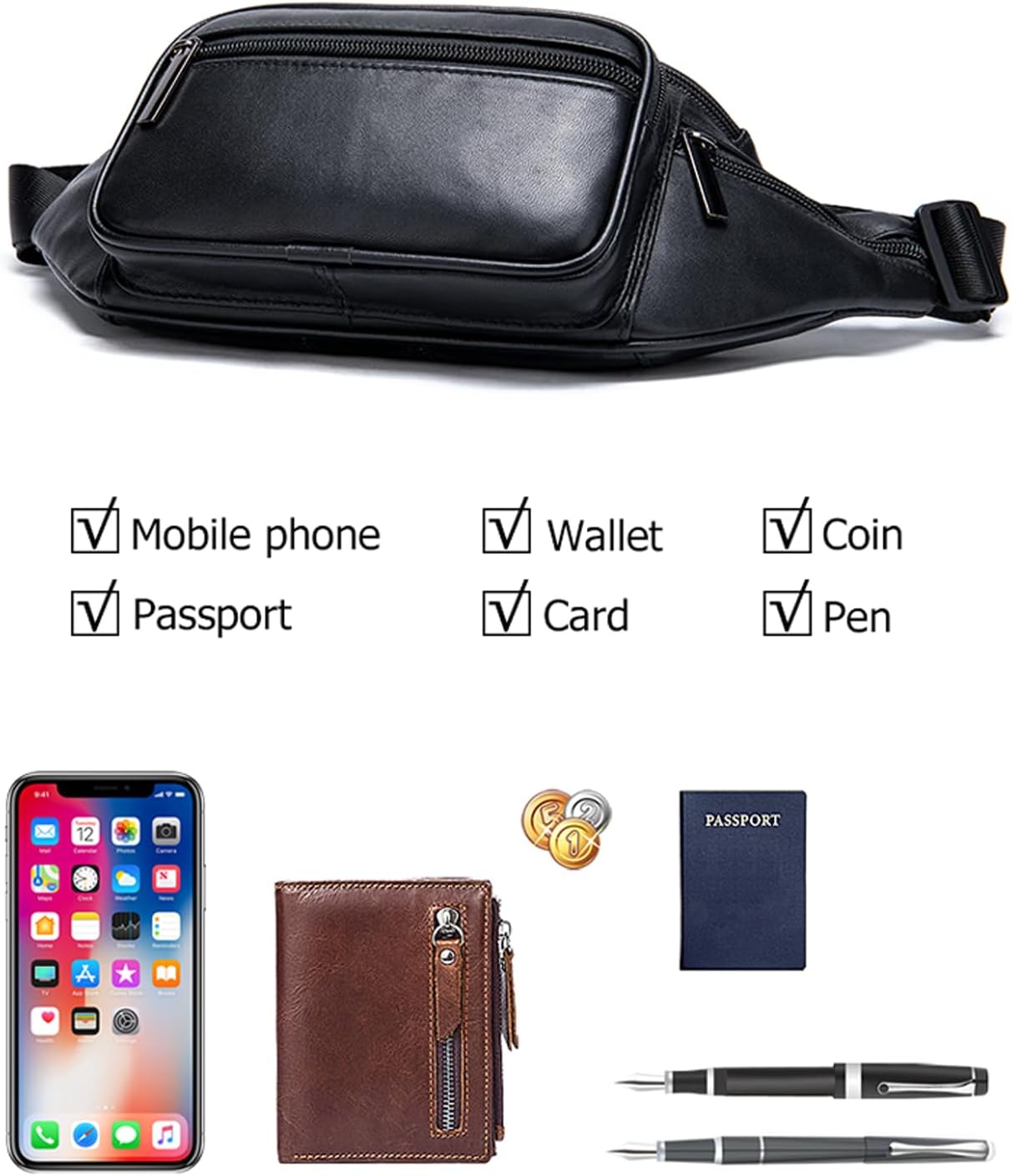 Leather Fanny Pack, Travel Waist Bag, Crossbody Chest Sling Bag, Multiple Pockets Bum Belt Pack for Hiking, Camping, Walking, Running, Cell Phone Storage (White)