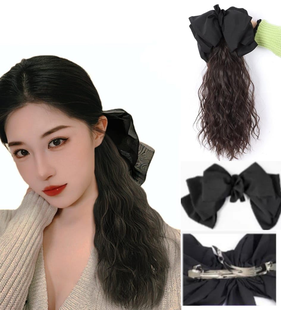 DAZZ LOOK® Buffterfly With Large Bow Clip In Wavy, Curly 16 to 18 Inches Long Ponytail Hair Extension, Very Soft Hair, Brown Color, Matte Finish-image-30