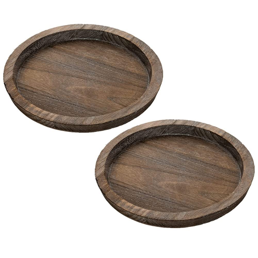 Yepar Brown 2Pcs Rustic Wooden Tray Candle Holder - Small Decorative Plate Pillar Candle Tray Wood For Farmhouse Dining Table