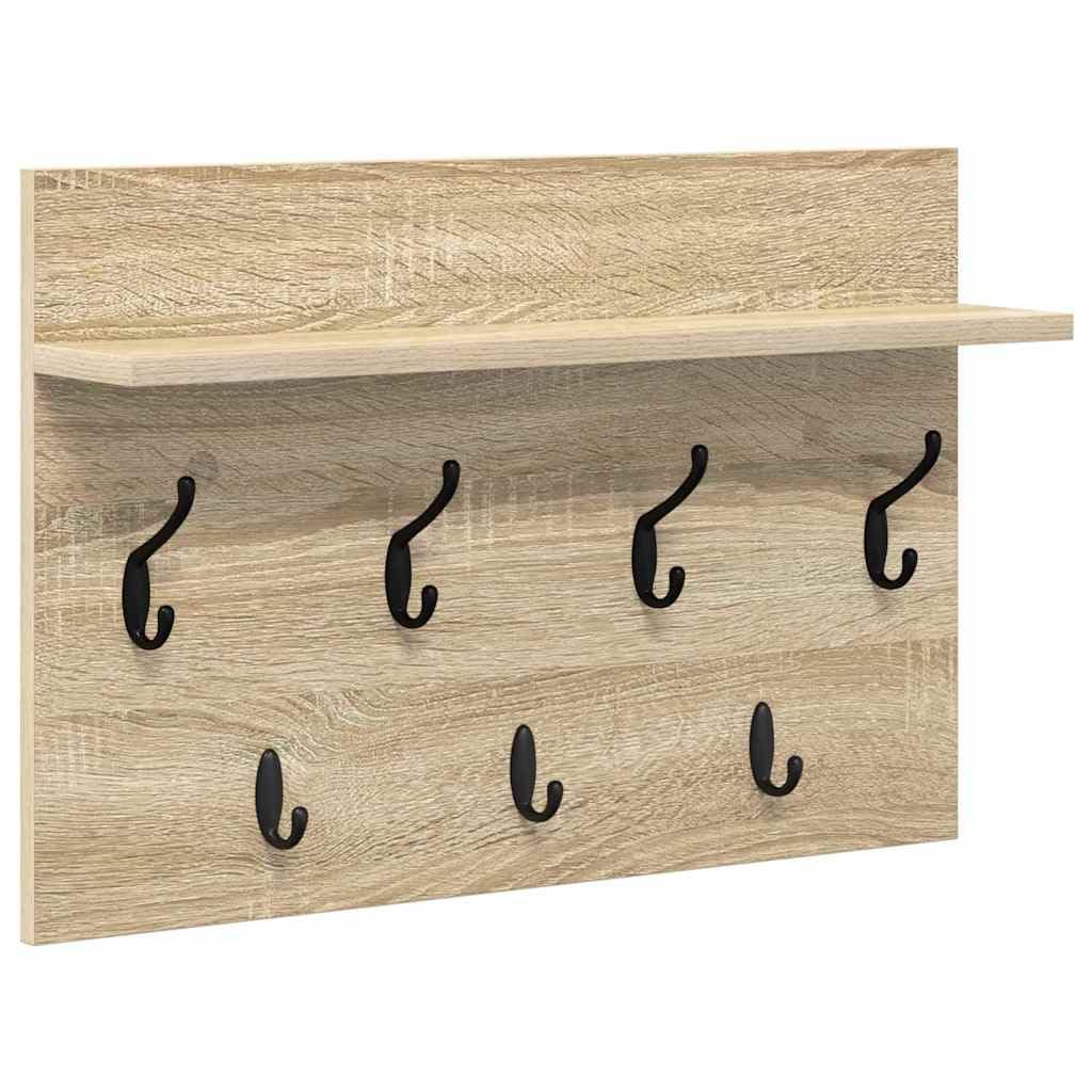 Porte-Manteau Mural avec Étagère Chêne Sonoma 60x40x12 cm, Patère Murale Design en Bois d'Ingénierie avec Crochets pour Entrée et Couloir, Support de Rangement Mural Rectangulaire