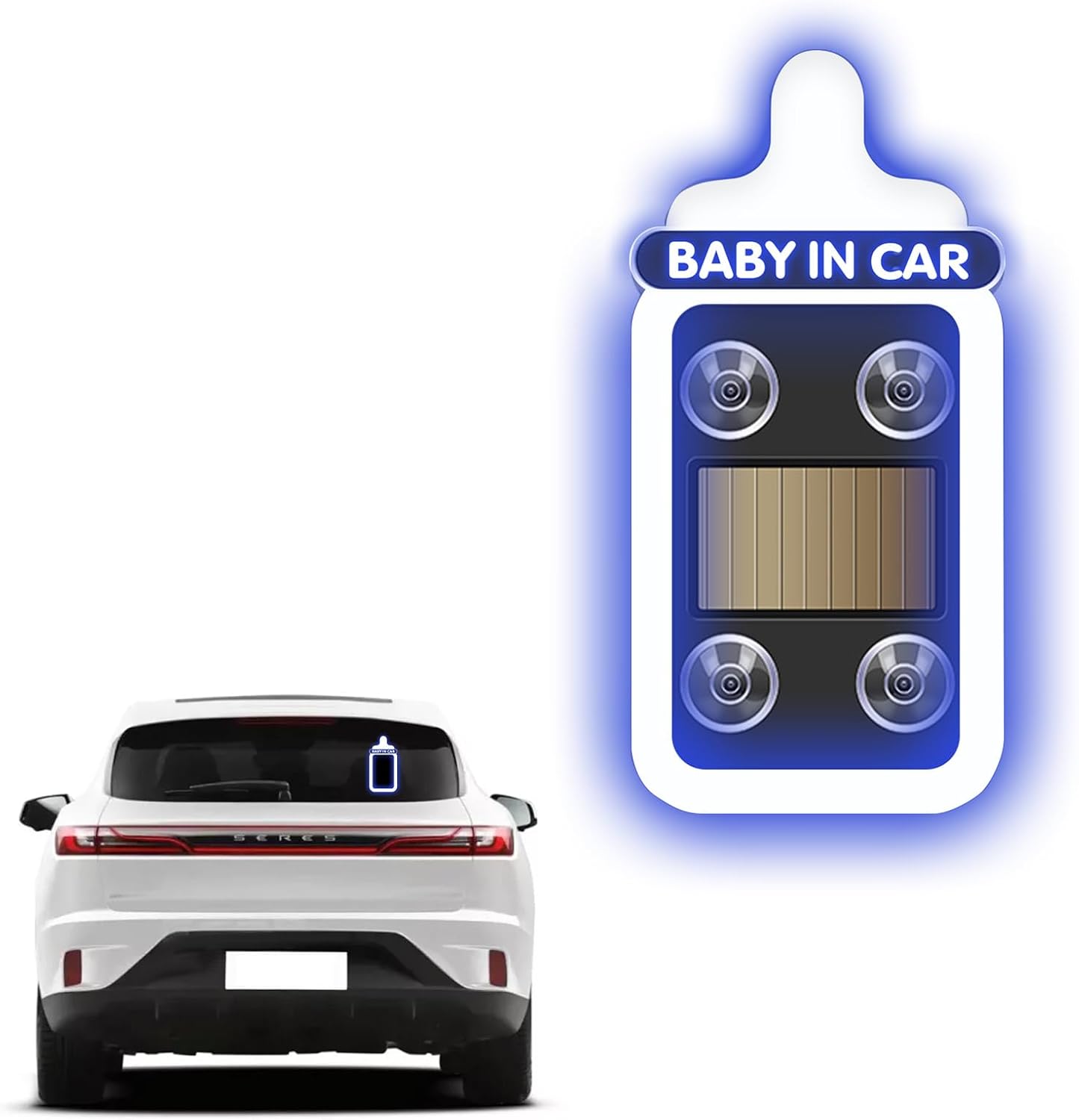 Solar Powered Window Baby in Car Sign Warning Light Wireless LED Ambient Lighting Baby Bottle Shape Neon Lamp Funny Decor Accessories to Alert Following Vehicles-Blue