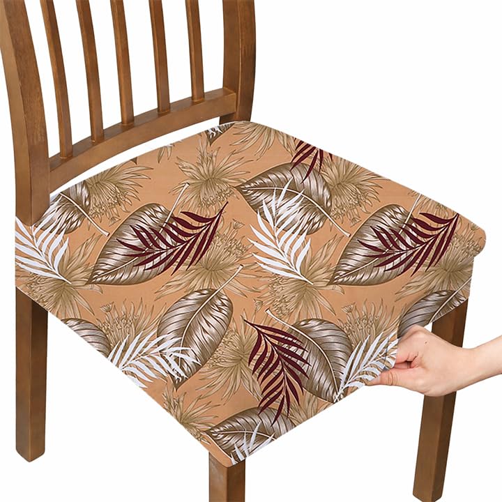 Image of Stretchable Dining Chair seat Cover Set of 6 Seater Elastic Washable Chair Protector for Dining Room, Office and Restaurant, Universal fit Printed Spandex Fabric-Brown Leaf