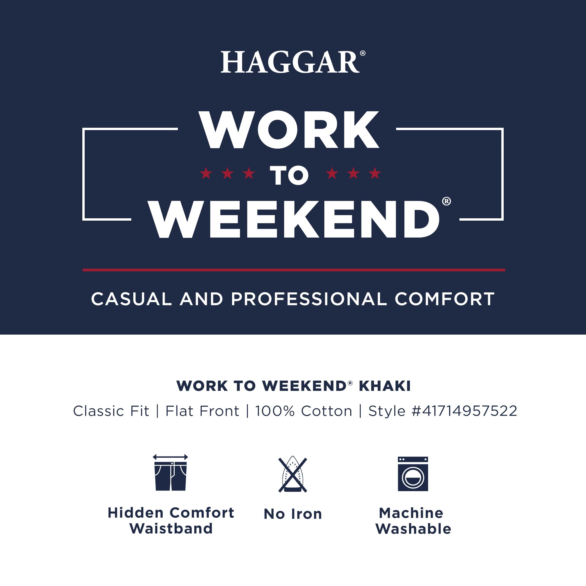Haggar Work To Weekend Hidden Expandable Waist No Iron Flat Front Pant - Pantalón Frontal Plano con Cintura Extensible Oculta Que no Necesita Planchado Hombre
