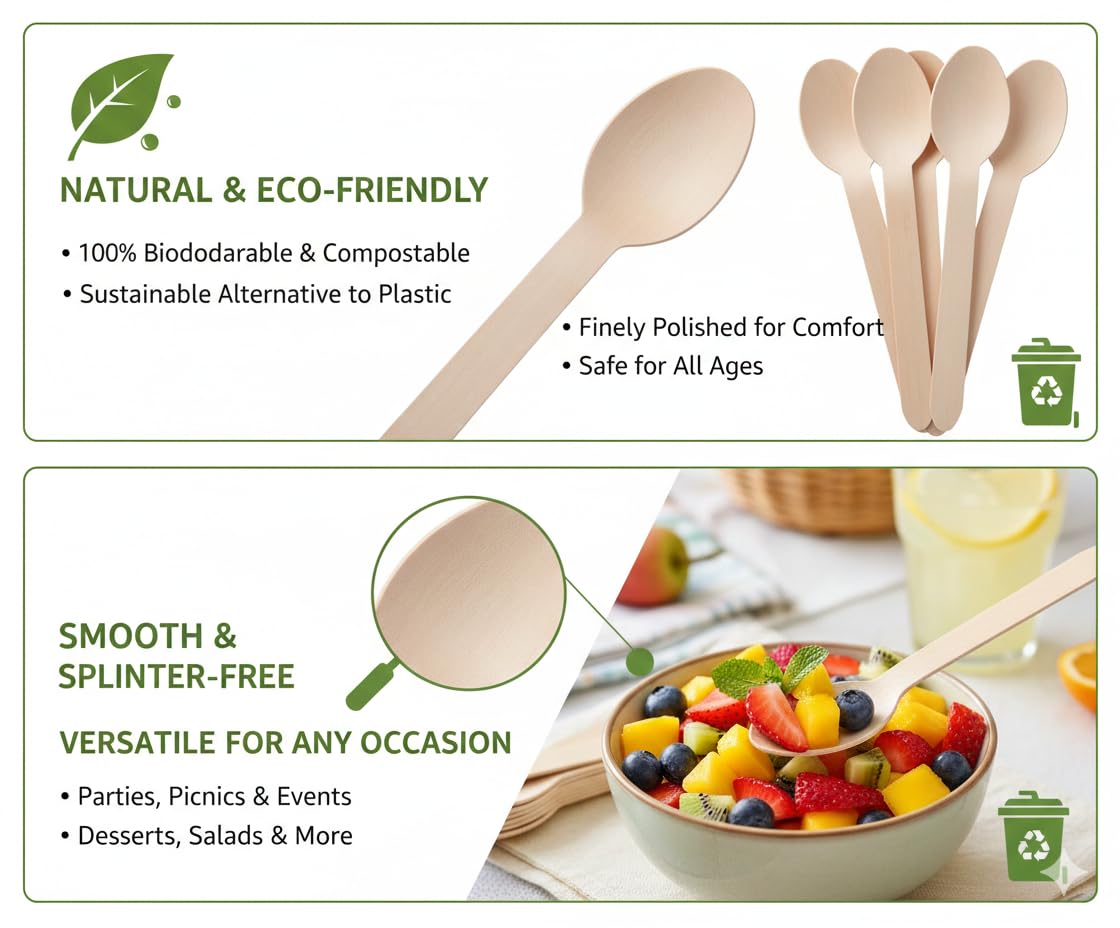 KHAANA PACKAGING 110mm Wooden Disposable Spoons | Eco-Friendly Biodegradable Cutlery for Party, Birthday, Picnic, Wedding, Catering, BBQ | Pack of 300 2