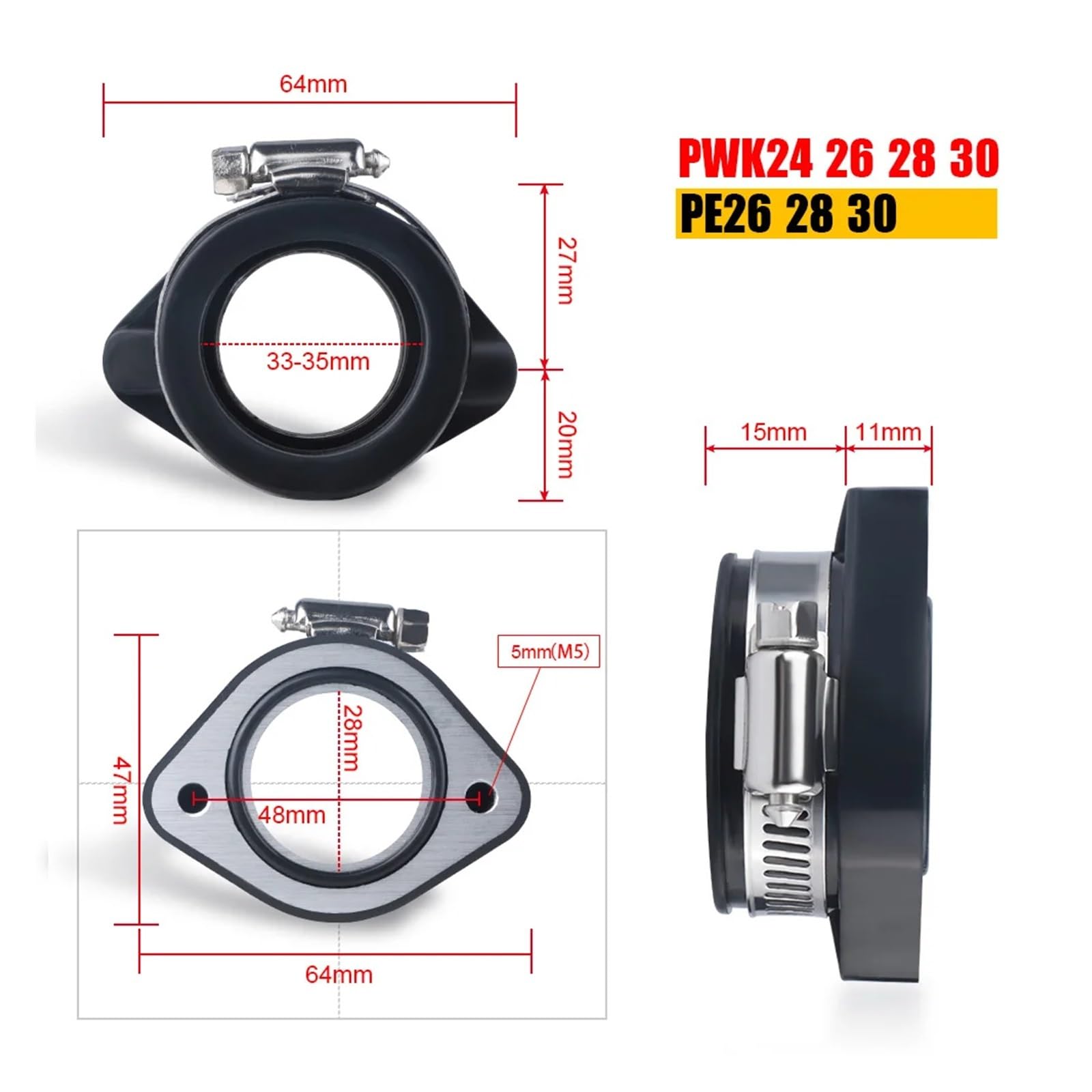 Collecteur Admission Carburateur PWK 28mm/30mm - Adaptateur Bride Pour Mikuni/KEI-HIN, Matériau Haute Qualité - 9