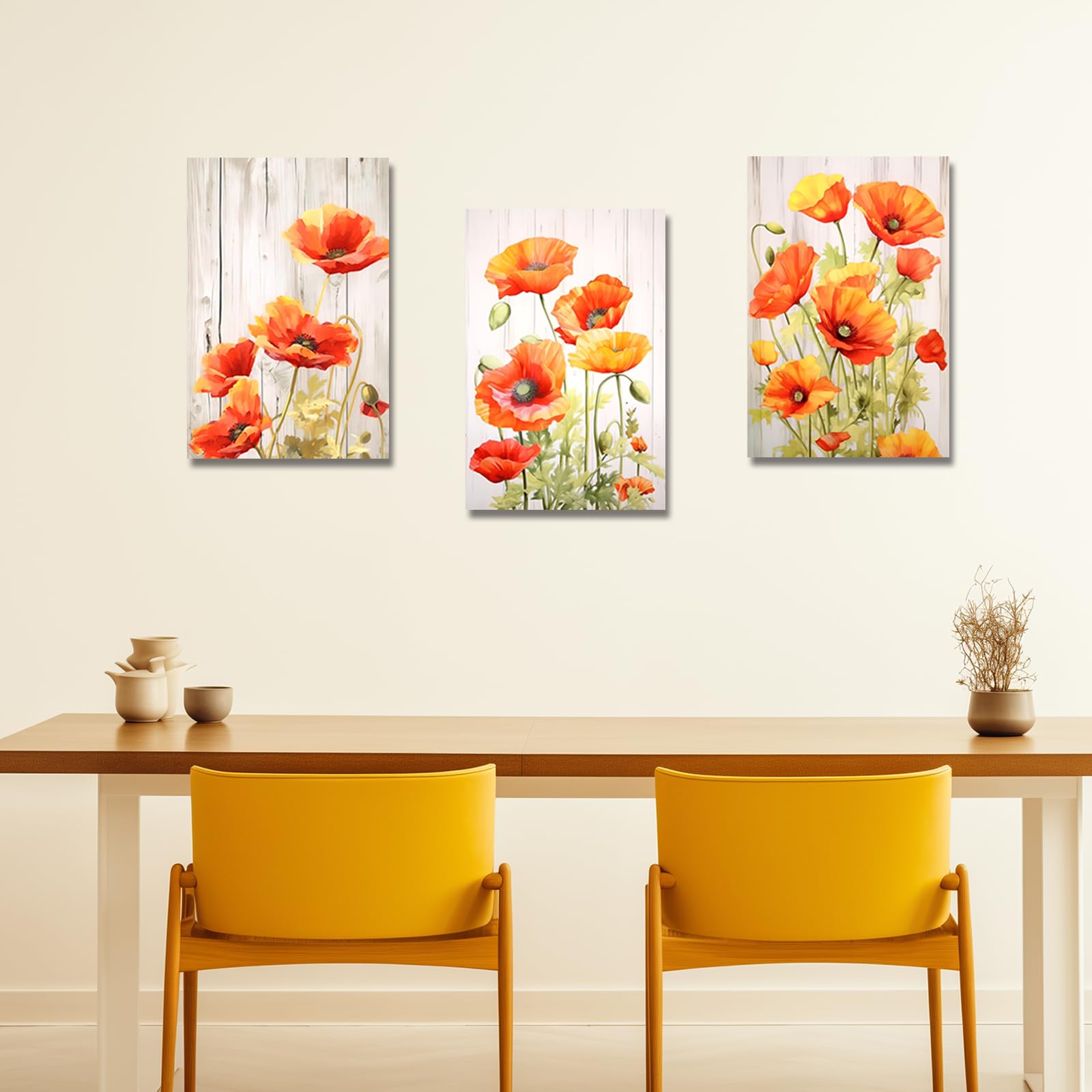 LZIMU Elegant Poppies Canvas Wall Art 3 Pieces Orange Poppy Flower Blossom Picture Prints Rustic Wood Background Artwork for Bathroom Office Kitchen Decor Framed (Poppy-1 - Image 4
