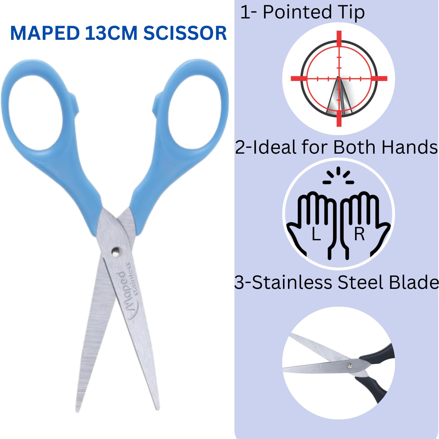 Maped Scheren-Set – 2-teilig, Mehrzweckschere, Universalschere, 13 cm (blau) und essentielle weiche Schere 17 cm, super bequemer Griff, robuste Edelstahlschere