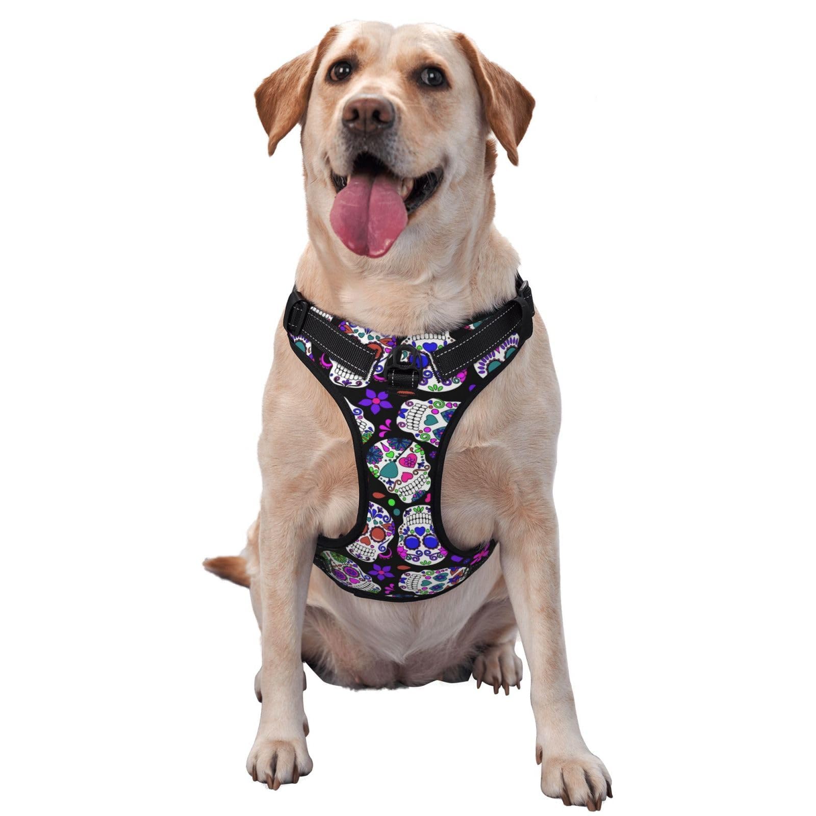 No Pull Dog Harness No Choke Front Lead Dog Reflective Harness Adjustable Soft Pet Vest for Small to Large Dogs (Day of The Dead Purple Sugar Skulls)