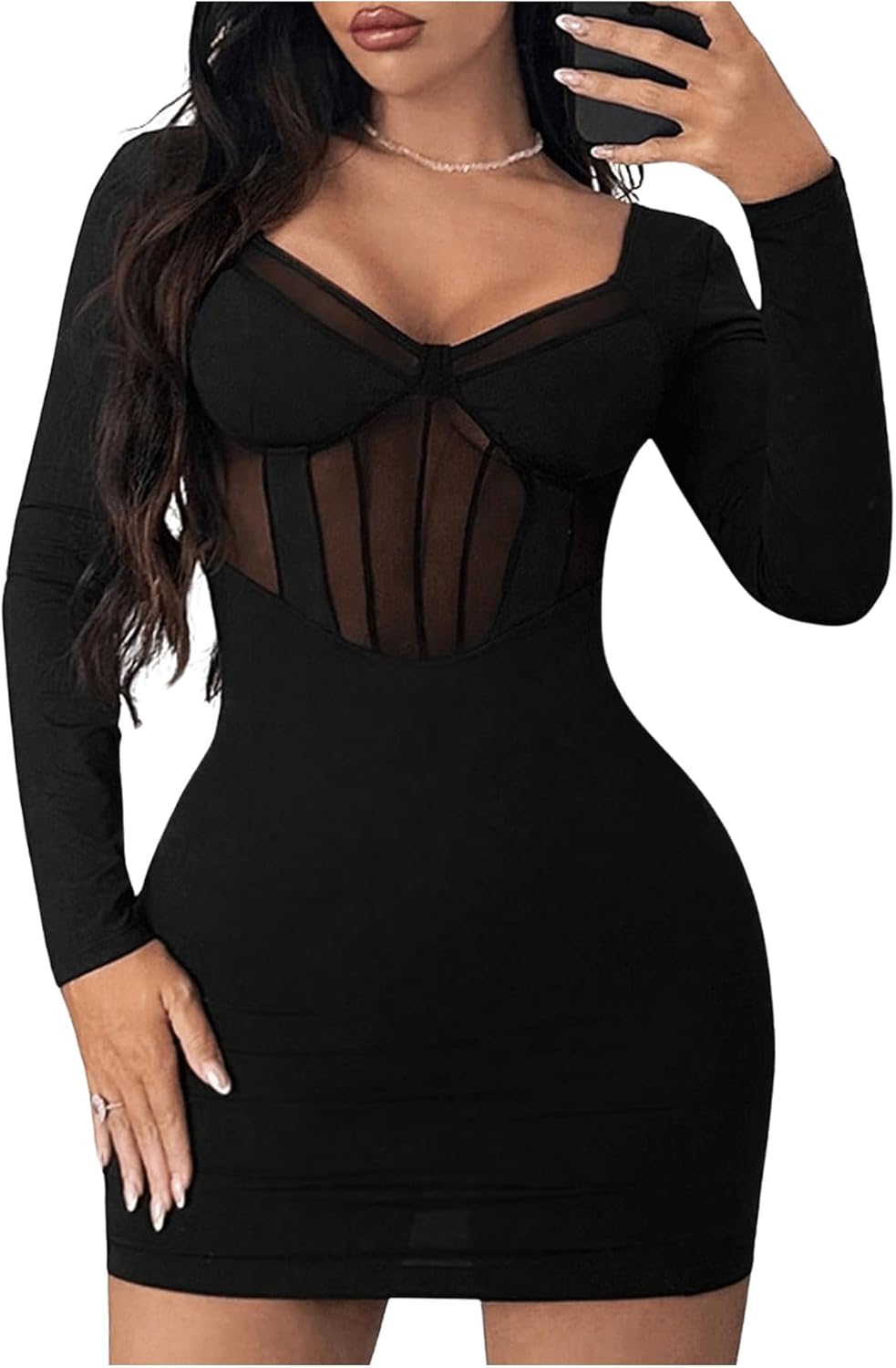 Floerns Women's Sweetheart Neck Mesh Corset Dress Long Sleeve Club Bodycon Mini Dress