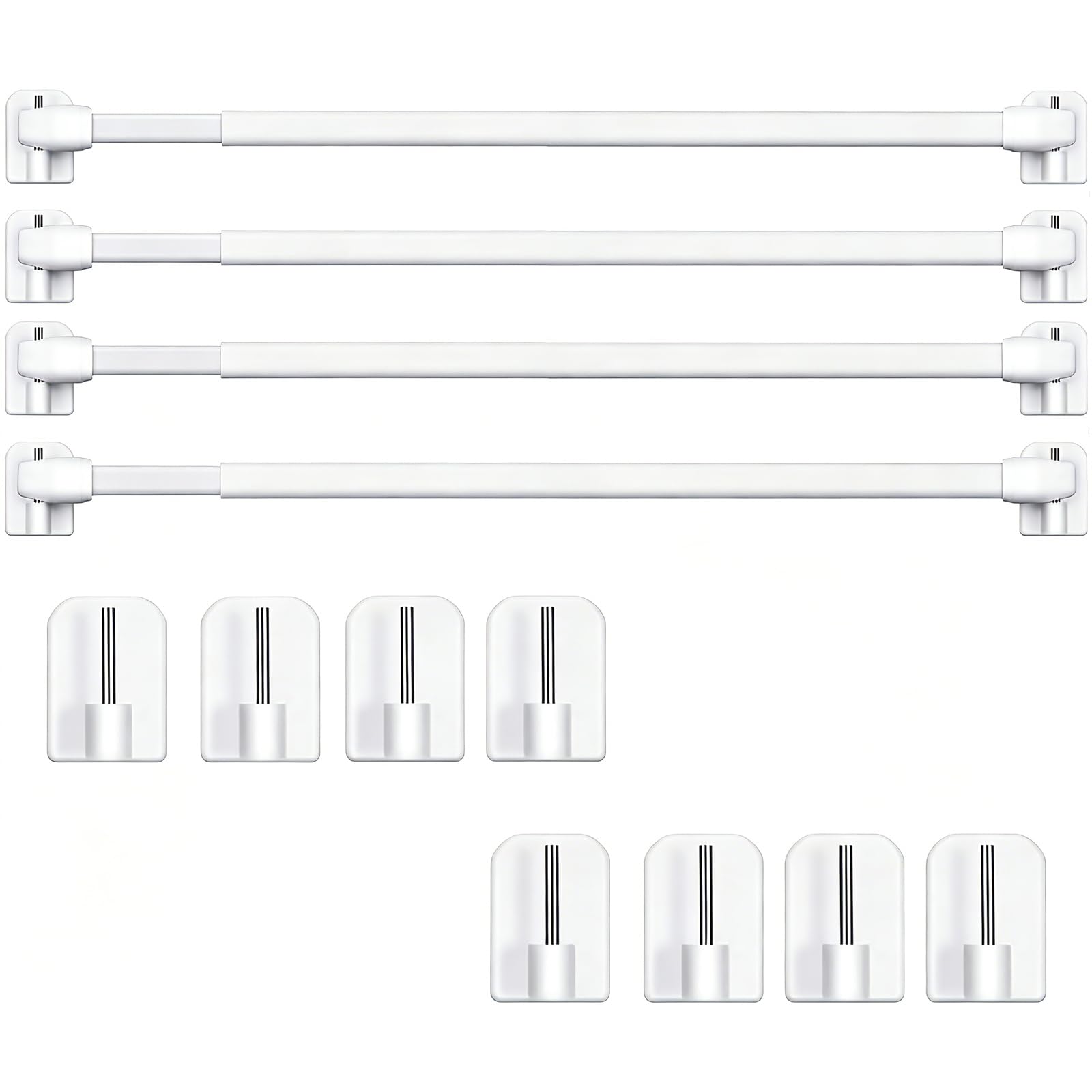 12-Piece Net Curtain Rods Extendable with Adhesive Hooks Set with Sticky End Hooks for UPVC Window Frames, No-Drill Voile Curtain Rod for Kitchen Caravan Bathroom Rental Home