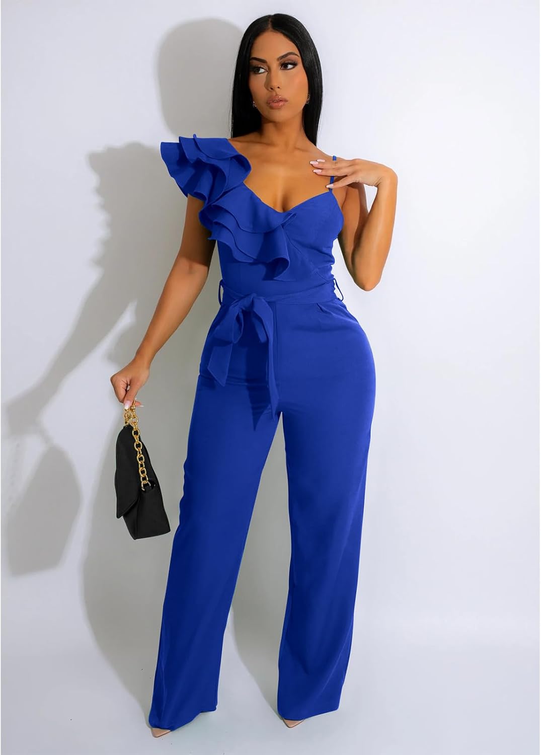 kaimimei Womens Casual Jumpsuits V-Neck Sleeveless Ruffle Backless Belted Wide Leg Pant Sexy Romper Party Clubwear - Image 3