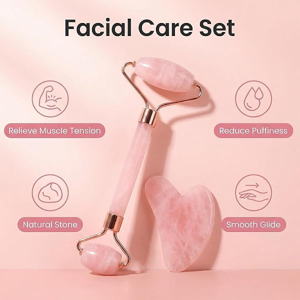 2 herramientas de masaje facial gua sha y rodillo de cuarzo, herramienta de cuidado de la piel para drenaje linfático facial, alivio de la tensión, reducción de la hinchazón, regalo para rutina de - 3