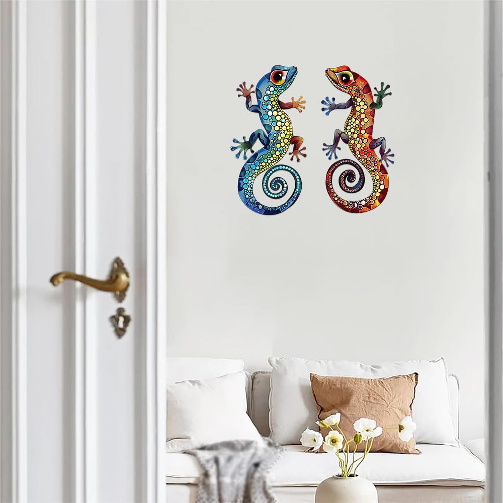 2Pcs Gecko Metal Sign Wall Art Indoor Outdoor Decor,Set of 2 Geckos Ornament Silhouette Bedroom Hanging Gifts for Birthday Housewarming,Lizard Decorate for Balcony Fence Garden Yard Patio Farmhouse image 2