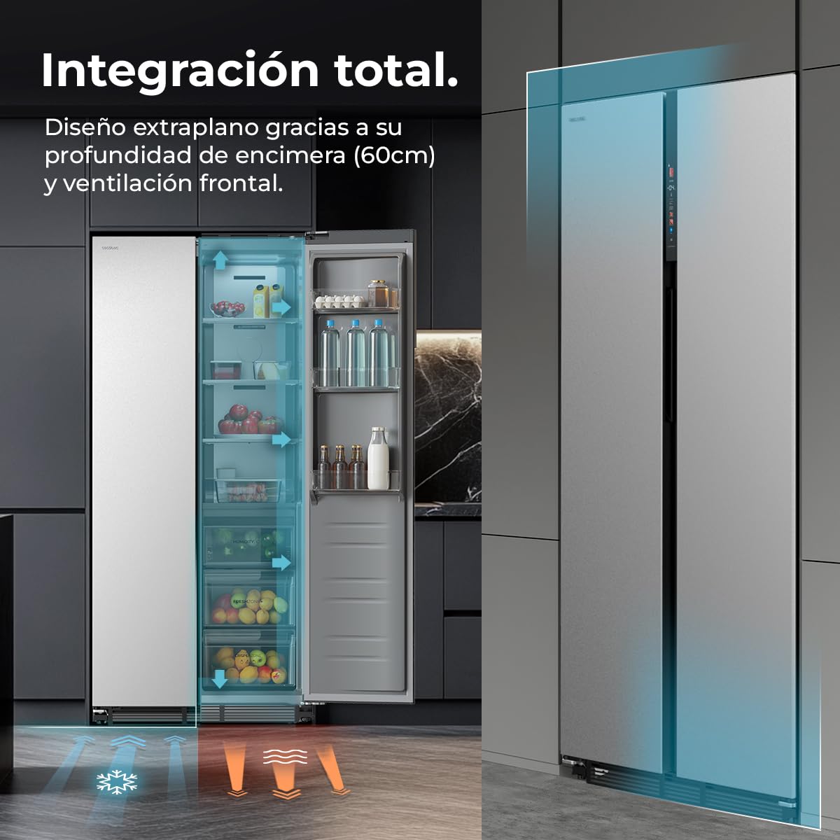 Cecotec Frigorífico Americano Semi Integrable de 436L Total No Frost Bolero CoolMarket SBS 436 SBI Inox E. Compresor Inverter Bajo Consumo, 184,8 x 84,4 m, Interior Premium Gris, Cajón Convertible