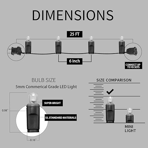 Miniatura 4 de JK5653 - Luces LED de Navidad de color blanco cálido de 25 pies, 50 unidades, grado comercial, resistente al agua, cable verde de 0.197 in, luces de