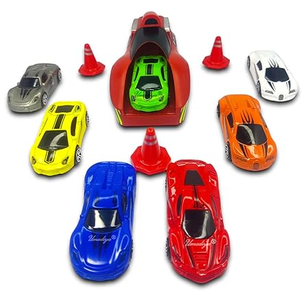 Umadiya Branded Rapid Launcher Play Set Toy with 7 Die Cast Metal Stunt Car and Master Racers Sports with 3 Stoppers Racing Game for Kids - Multi Color