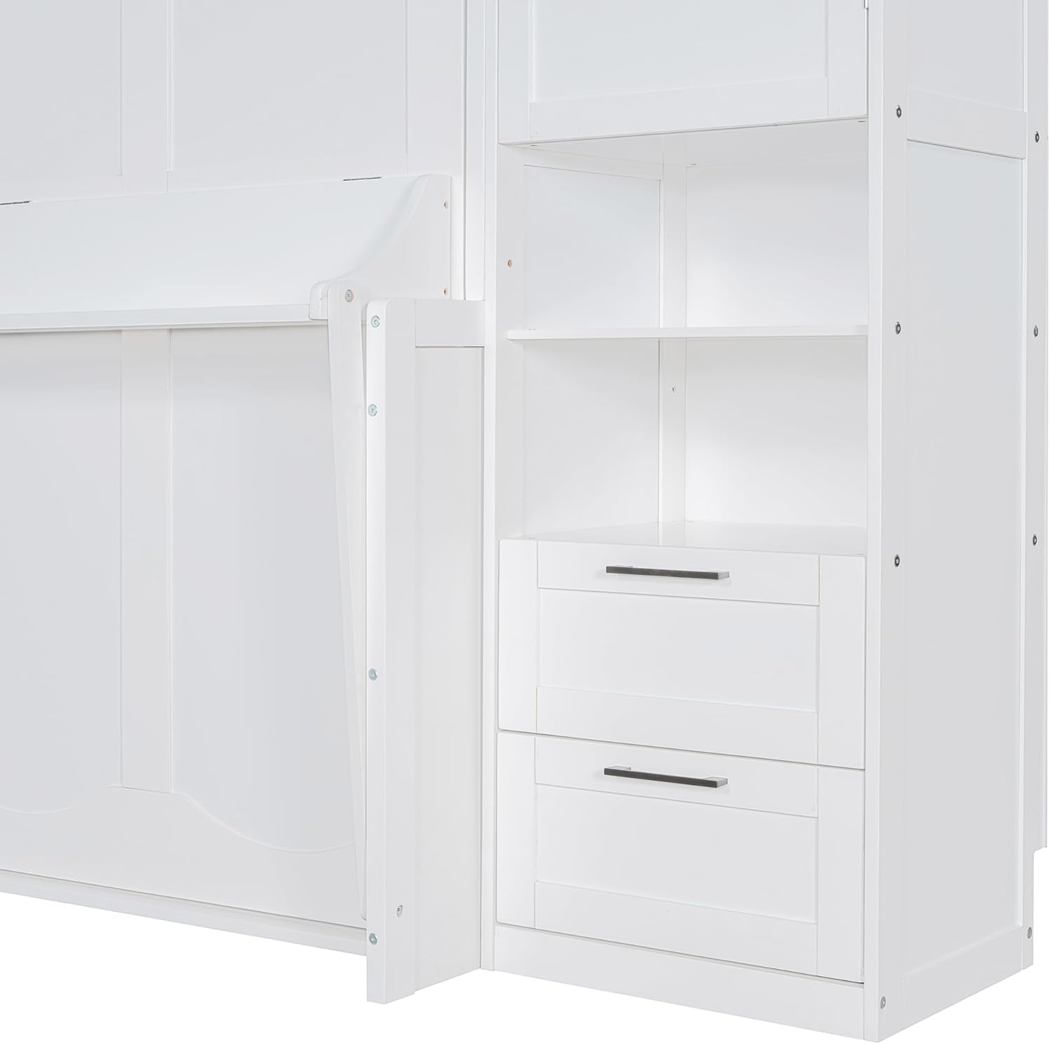 KLMM Wooden Queen Size Murphy Bed with Closet, Drawers and Shelves, Folding Wall Bed for Small Spaces Studio Study Office Guest Room (White#1)