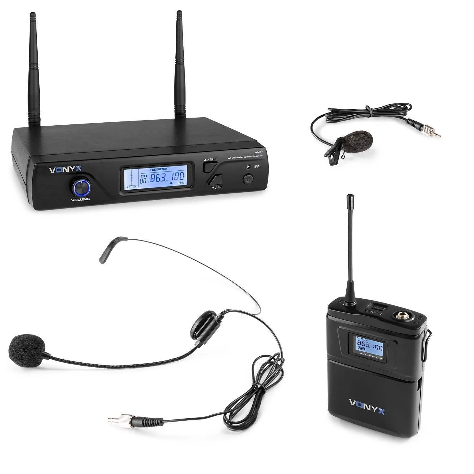 Vonyx WM61B - Microphones sans Fil UHF, 16 Canaux, 1x Micro Casque, 1x Micro- cravate, Idéal pour Conférences et Présentations