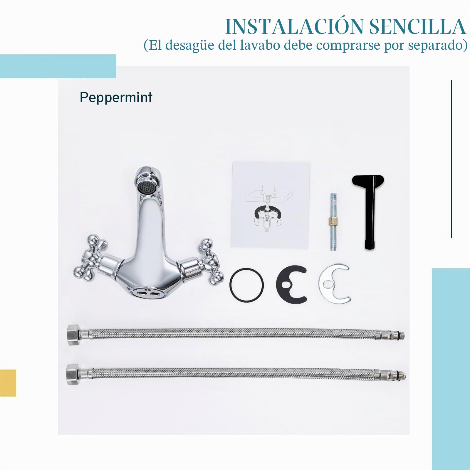 Peppermint Grifo monomando para lavabo, grifo de lavabo cromado con cruceta monofónica tradicional victoriana de doble asa, grifo mezclador con Hoese estándar