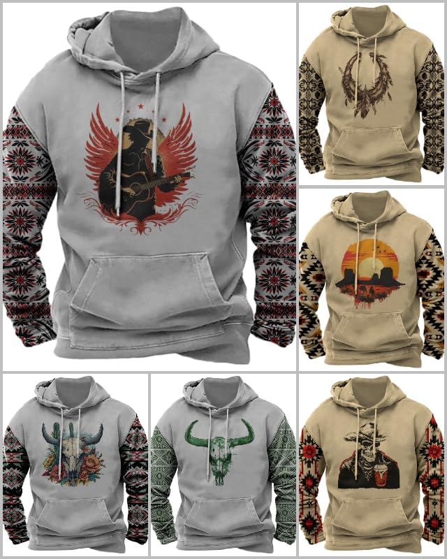 MARSVOVO Western Hoodies Men Aztec Tribal Hippie Graphic Fall Pullover Oversized Baggy Cowboy Jogger Aztec Sweatshirts - Image 3