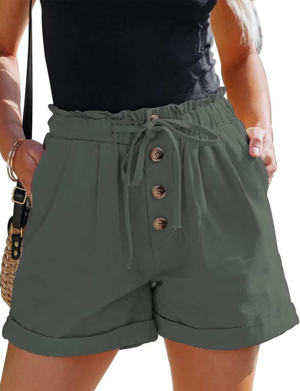 QACOHU 2025 Womens Summer Shorts Casual Comfy Drawstring Elastic Waist Shorts with Pockets Beach Lightweight Short Pants