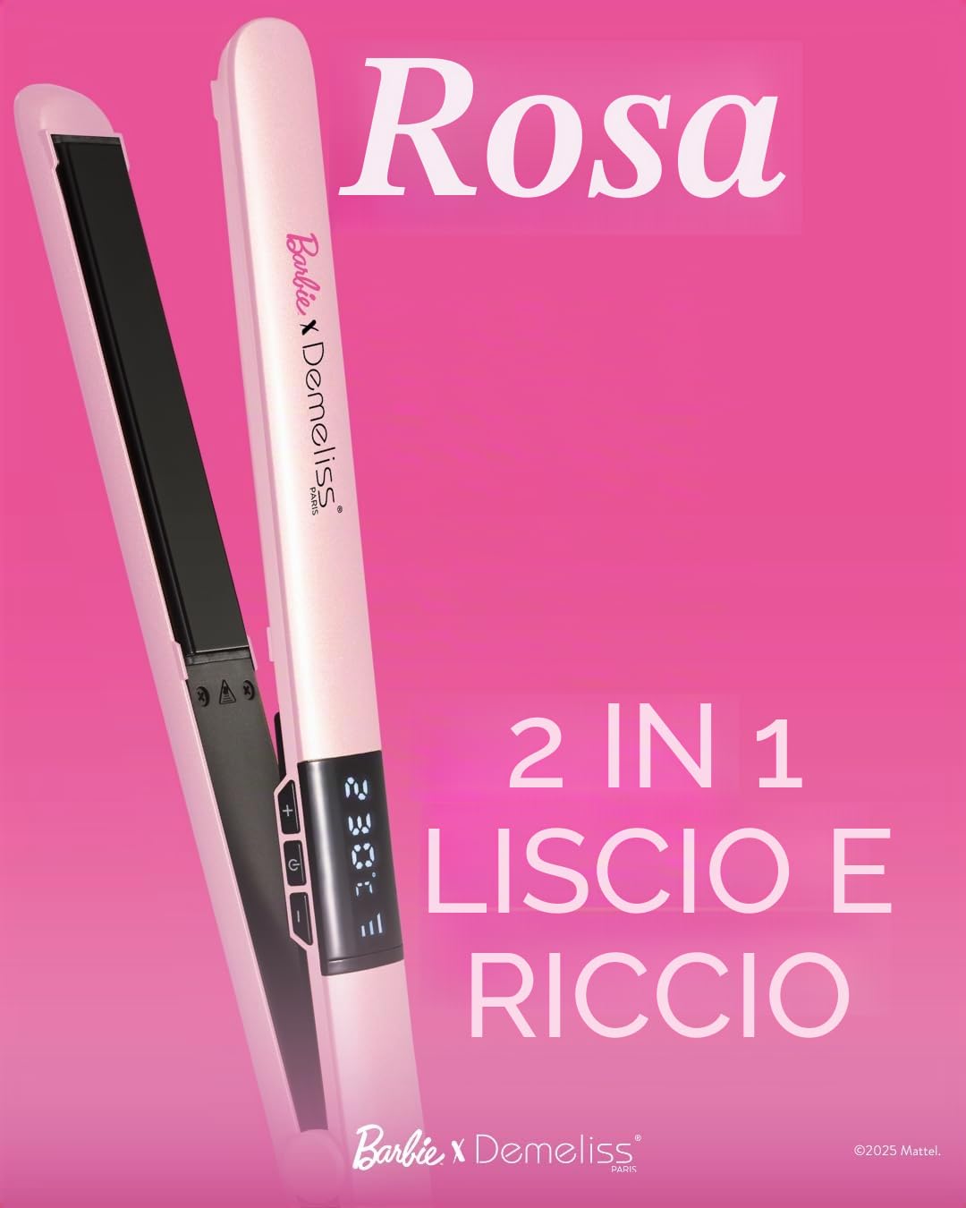Demeliss Pink - Piastra 2 in 1 Barbie – Piastre sottili in ceramica tormalina infusa cheratina – Levigatura netta, riccioli rimbalzati – Temperatura regolabile da 150 a 230 °C – Design ergonomico
