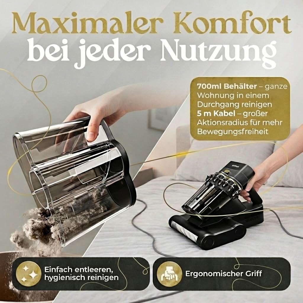 Milbensauger für Matratzen – 16 kPa Matratzenreiniger mit UV-Licht, Ultraschall, 60°C Heißluft - Milben Sauger | Effektiv gegen Hausstaubmilben | Ideal für Allergiker, Polstermöbel & Tierhaare