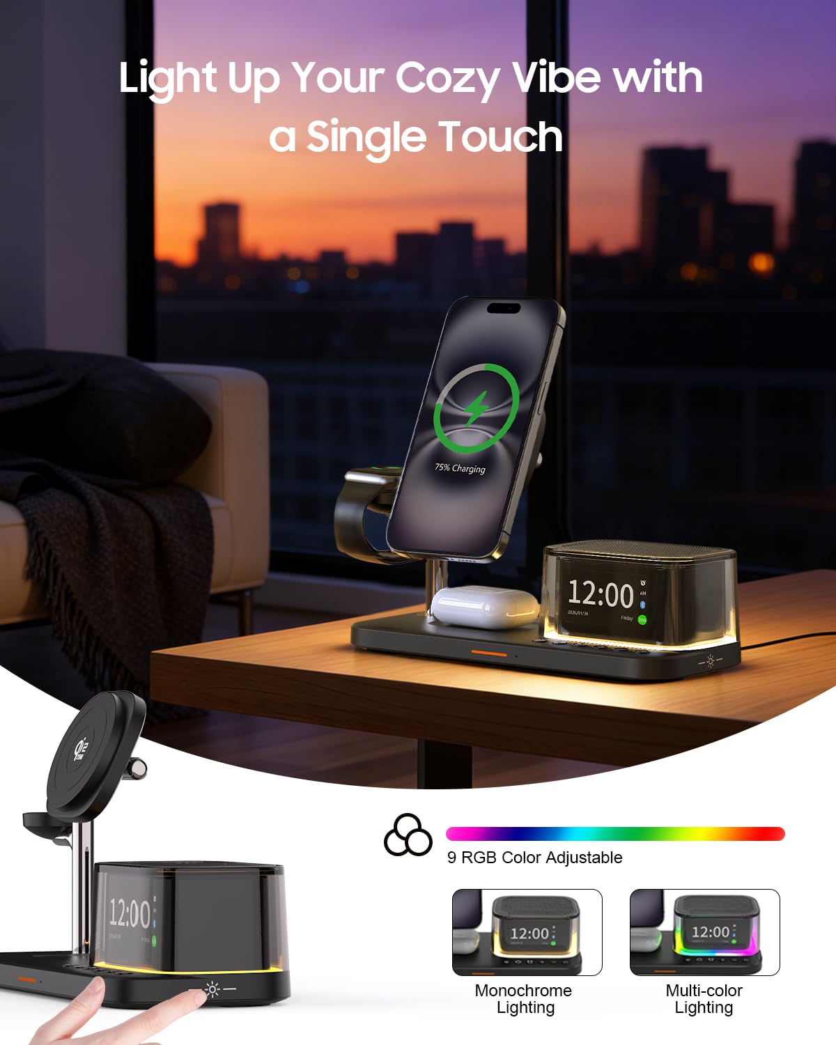 Caricabatterie wireless 7 in 1, altoparlante Bluetooth con sveglia, ricarica rapida per cellulari da 25W, luce d'atmosfera, compatibile con iPhone 17 16 15 Pro Max, auricolari, Samsung e Apple Watch