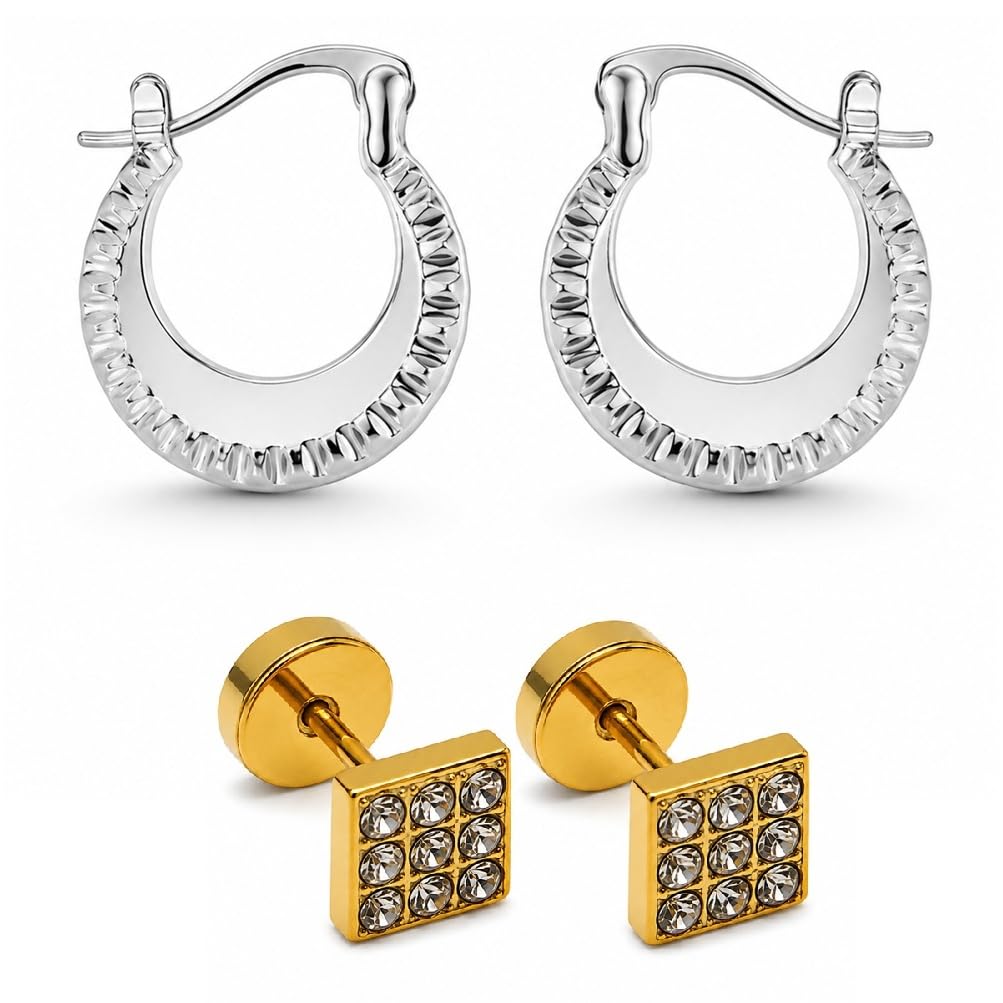 Combo of Men Golden Square & Silver Chand Bali Pairs Ear Earrings Premium Finish Durable Casual & Party Use-image-39