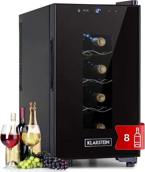 KLARSTEIN Cantinetta Vino, Cantinetta Vino Refrigerata a Zona Singola per Interno/Esterni, Frigo Bar, Cantina Vino con Vetrina, Mini Bar con Protezione UV, Frigo Vino Touch, 11-18°C, 8 Bottiglie - 1