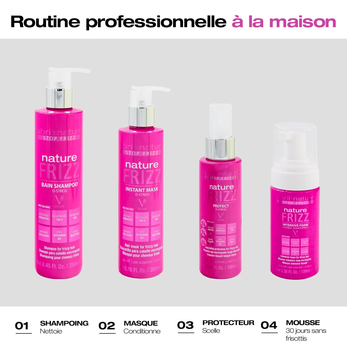 abril et nature - Shampooing Professionnel Nature Frizz - Pour Cheveux Frisés - Hydrate et Maintient les Cheveux Lisses - Plus Doux et Brillants - Traitement Vegan - Anti-Frisottis - 1000 ml
