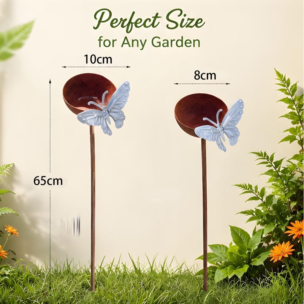 Outdoor Wildlife Water Cup Stakes with White Butterfly Metal Bowl Pair
