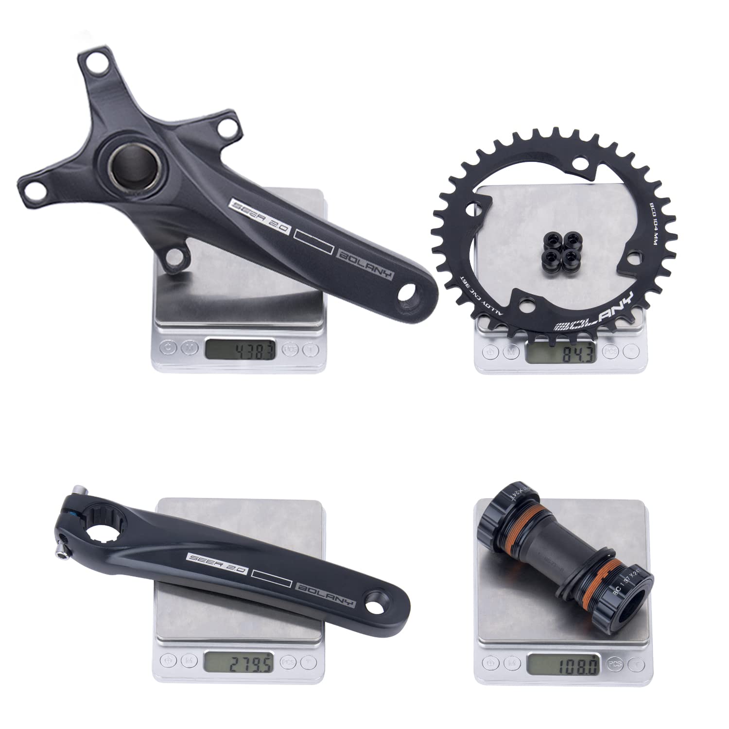 BOLANY Fahrrad Kurbelgarnitur 170mm kurbel 104BCD Hollowtech-Kurbelgarnitur 1 Fach Einzelspeed-Rundkettenblatt 34T/36T Zähne MTB Kurbelsatz mit Tretlager