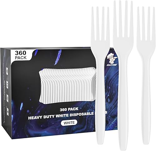 JOLLY CHEF Juego de 360 tenedores de plástico, tenedores desechables blancos, juego de cubiertos de plástico resistente, tenedores